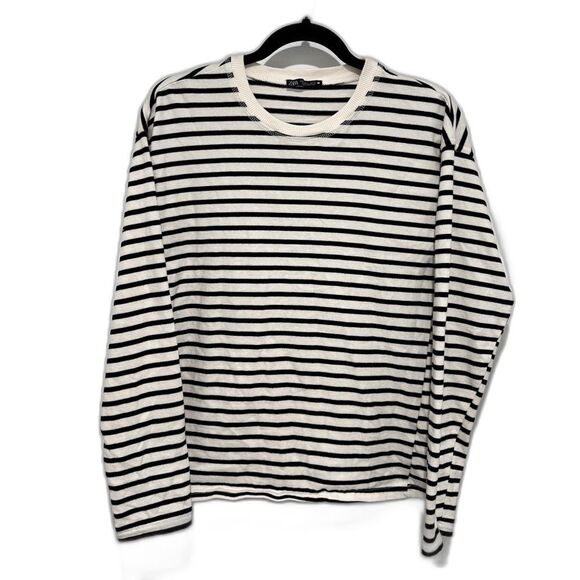 Zara Women’s Shirt Sweater Small Black White Long Sleeve Striped Crew Neck - Picture 1 of 7